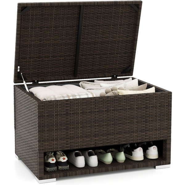 Gymax Deck Box With Shoe Rack 180L PE Rattan Container For Cushions Tools in Brown