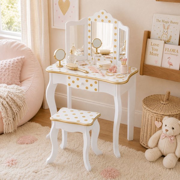Teamson Kids Kids Wooden Play Vanity Table Set, Polka Dot, White/Gold in White