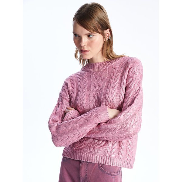 Dexia Women's Crew Neck Metallic Print Cable Knit Pink Jumper - Textured Design | Size: Small