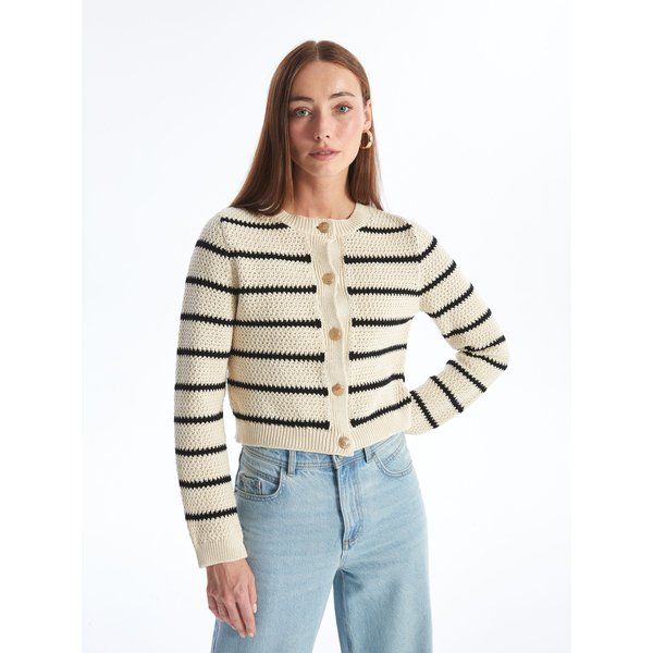 Dexia Women's Navy Blue Striped Sweater Long Sleeve Cardigan | Size: Large