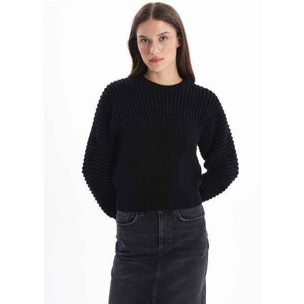 Dexia Women's Crew Neck Knitted Jumper with Textured Detail Black | Size: Large