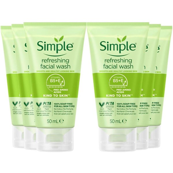 Simple Women's Kind to Skin Soap Free Refreshing 'Facial Gel Wash', 6 x 50ml in White