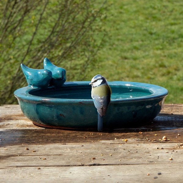 Esschert Design Bird Bath Ceramic Round (Petrol Blue), Blue