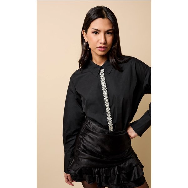 Little Mistress Women's Black Embelished Trim Detail Shirt | Size: Small