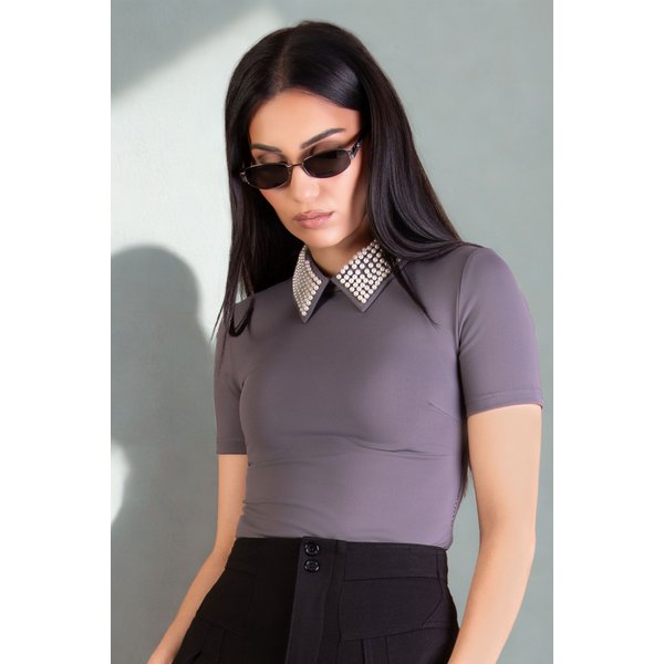 BALOU Women's Pearl Collar Top Steel Grey | Size: 8
