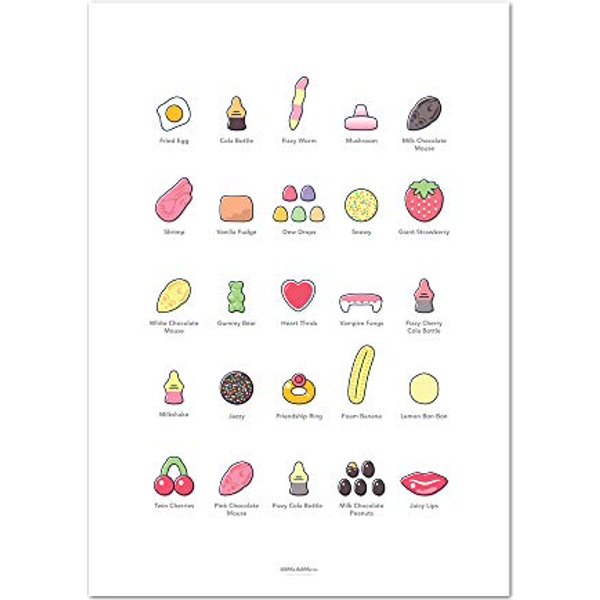 Dibble Dabble Co Children's Pick 'n' Mix Print - Retro Sweets - A2 (420mm x 594mm) wall art poster by Kyriacos Kyprianou