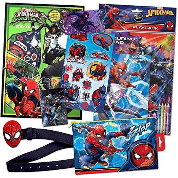 Marvel Spiderman Superhero Kids Gift Pack - Contains Stickers Sets, Activity Pack, Belt with Buckle (4-8 Years) and Pencil Case