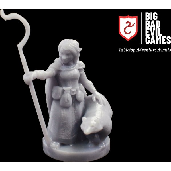 Hafling Druid Girl Miniature | with shepard's crook and animal companion at 28mm scale