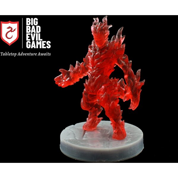 Fire Elemental Miniature | 2 part mini in red transparent resin at 28mm scale with a grey 25mm base