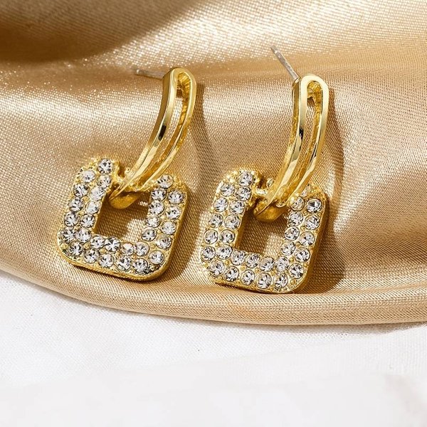Womens Gold Plated Square Drop Diamante Earrings