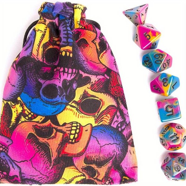 Funky Multicolour Skull Dice Set & Bag | x7 Polyhedreal Dice Set v1