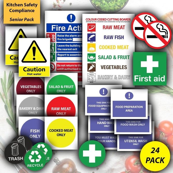 Catering Commercial Kitchen - Food Preparation - Health and Safety Sticker 24 Pack