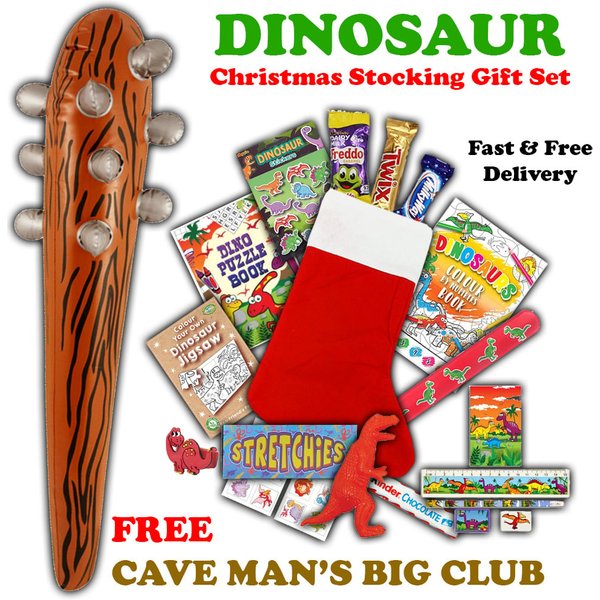 Pre -Filled Dinosaur Christmas Stocking Gift Set - 21 piece Set - Children's Dinosaur Gifts - Free 60cm Inflatable Cave Mans Big Club