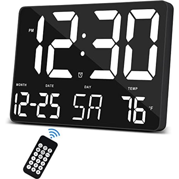 Digital Clock Large Display,11.5" Digital Calendar Alarm Clock with Wireless Remote Control,LED Oversized Wall Clock with Date Temp,12/24H,Large Clock for Home Office Kitchen School,Black-White Word