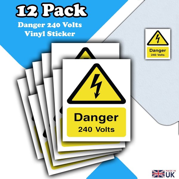 Danger 240 Volts Self-Adhesive Vinyl Sticker Sign - 240v - 12 Pack -110mm x 90mm
