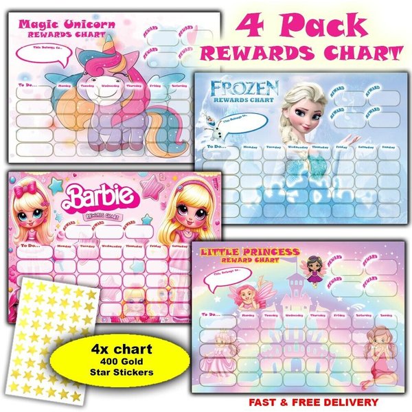 Girls 4 pack - Princess Good Behaviour Reward Chart - 100x Gold Star Stickers