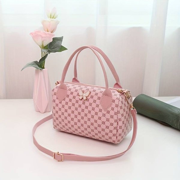 Pink Cylinder Shoulder Pillow Bag Pillow | PU Leather Crossbody Clutch Handbag with Butterfly