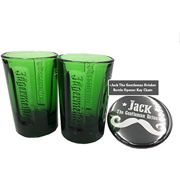 Jagermeister Set of 2 - Green Shot Glass Set & Jack The Gentlemen Drinker Bottle Opener Key Chain