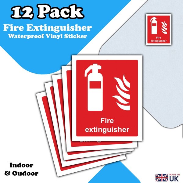 Fire Extinguisher - Waterproof Vinyl Sticker Signs - Pack of 12 - 110mm x 90mm
