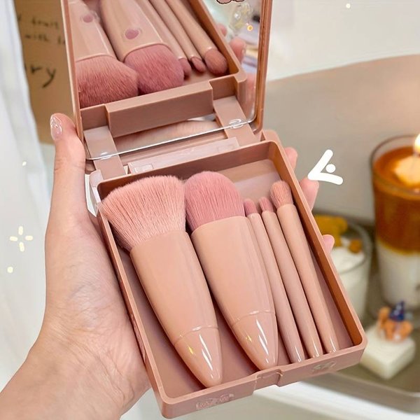 Portable Pink 5pcs set Mini Makeup Brush Set With Mirror And Case