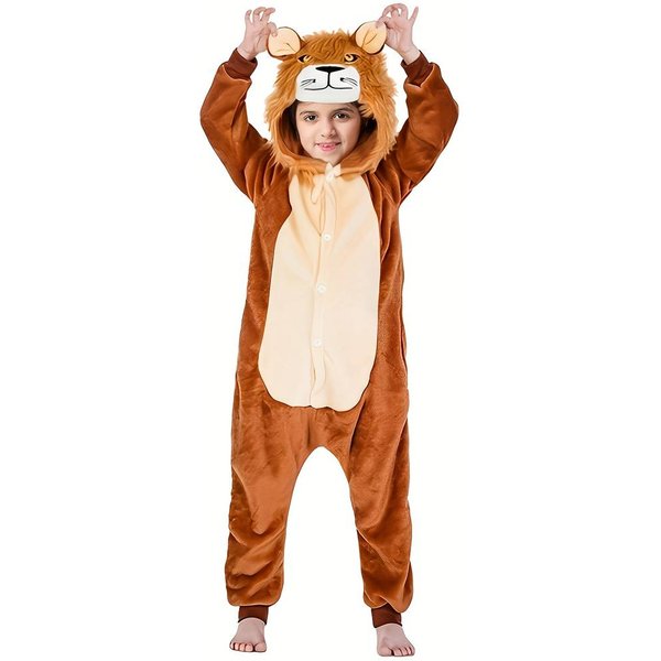Kid's Lion One-piece Clothing, Zip Up Hooded Flannel Romper
