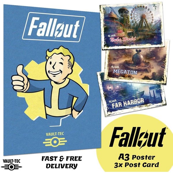 Fallout Vault-Tec A3 Poster & 3x Postcards Set - Nuka World, Megaton, Far Harbor