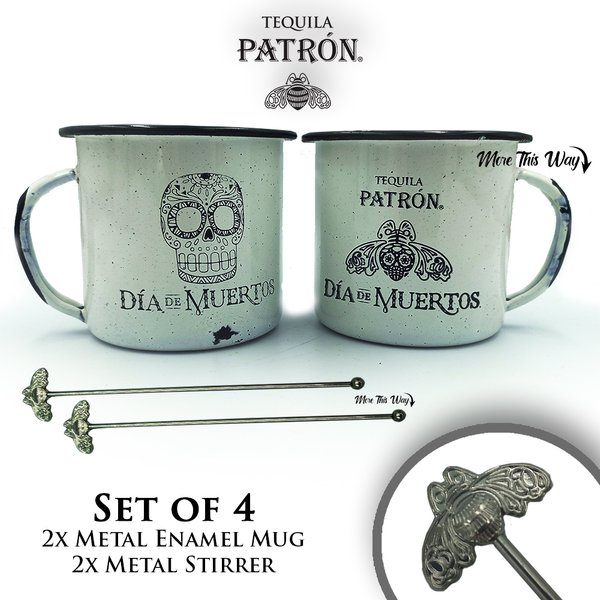 Tequila Patrón 4-Piece Set: 2 Metal Enamel Mugs & 2 Stirrers