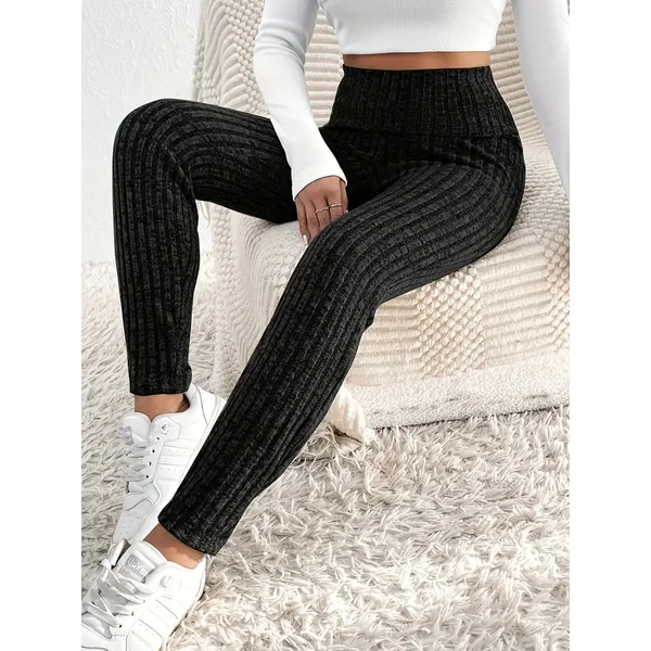Women's High Waisted Ribbed Skinny Leggings - Black