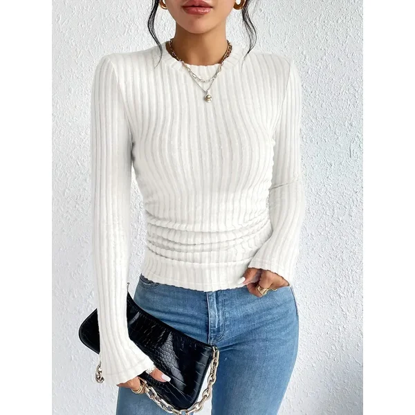 White Cozy Ribbed Crew Neck Sweater for Women - Soft, Long Sleeve