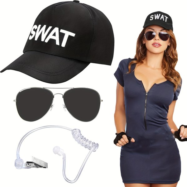 3pcs SWAT Costume Accessories | Inc SWAT Cap, Fake Ear Piece and Aviator Sunglasses