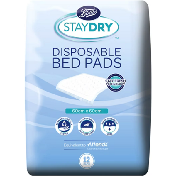 Boots Staydry Disposable Bed Pads 60cm x 60cm - 12 Pack