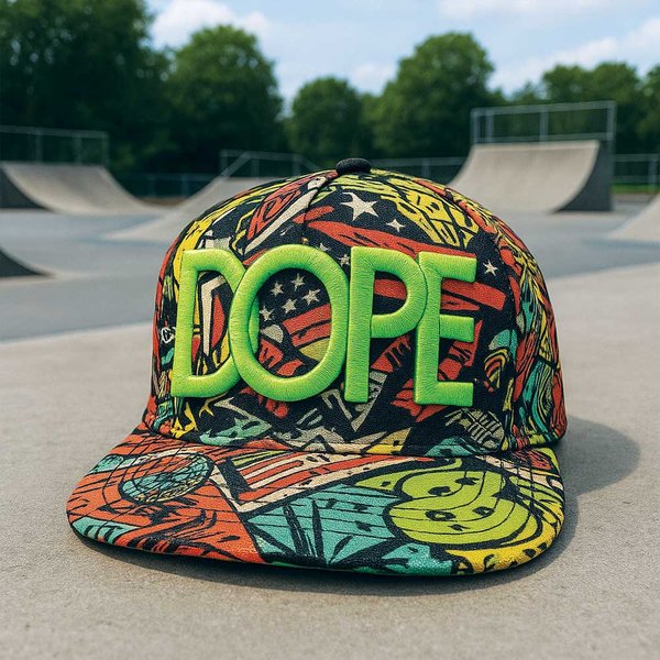 DOPE - Summer Wide Flat Brim Embroidered Baseball Cap | Colourful Americana Pattern & Double Snap