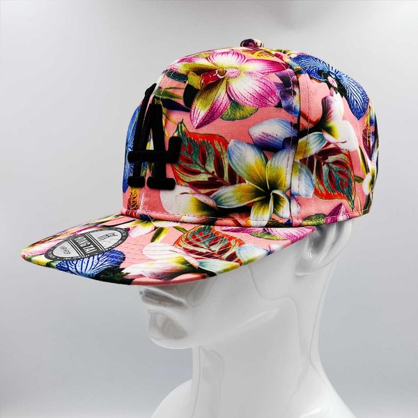 LA - Summer Wide Flat Brim Embroidered Baseball Cap | Colourful Flower Pattern & Double Snap