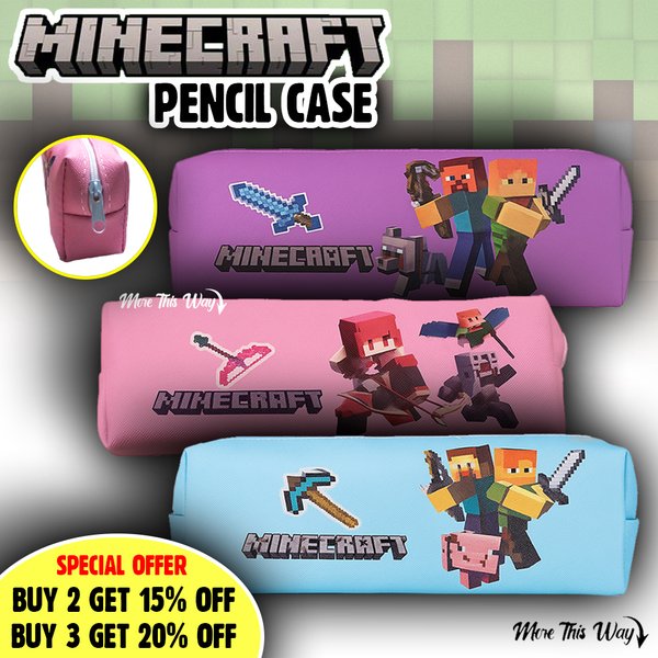 Minecraft Pencil Case - Zip Closure - 3 Colours Blue, Purple, Pink