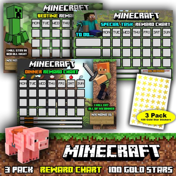 Minecraft Reward Charts - 3-Pack - Good behaviour, Early Learning