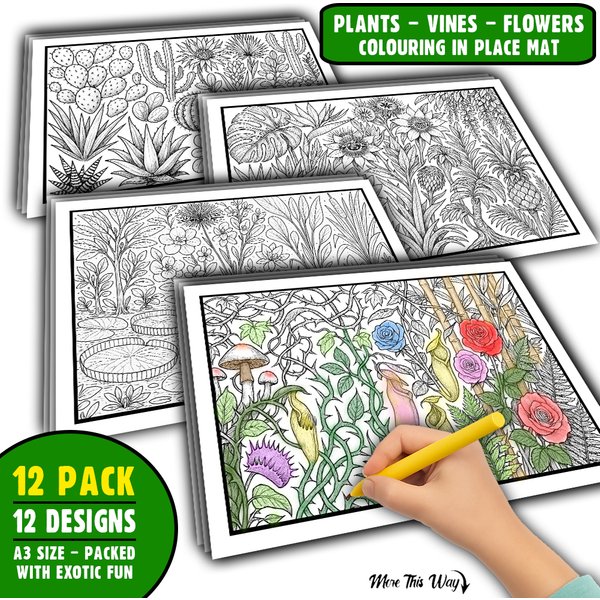 Vines Plants Flowers Colouring Activity Placemats – 12 Pack – Kids A3 Sheets – 12 Designs
