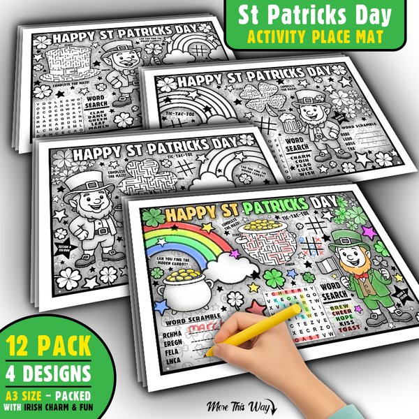 St Patrick’s Day Colouring Activity Placemats – 12 Pack - Kids A3 Sheets - 4 Designs