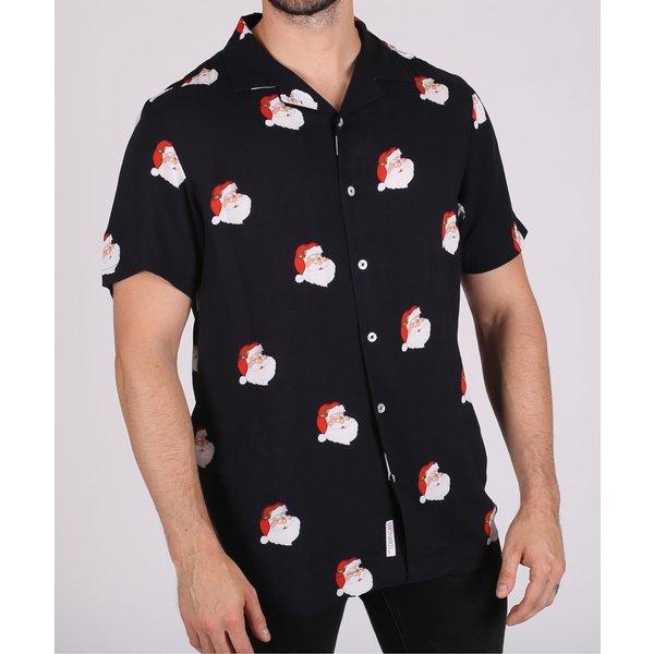 Men's Santa Print Christmas Short Sleeve Shirt – Black M