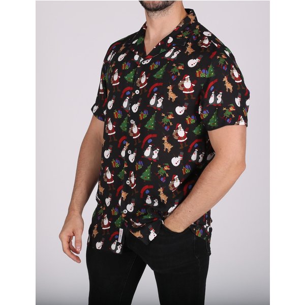 Men's Festive Print Christmas Short Sleeve Shirt – Black