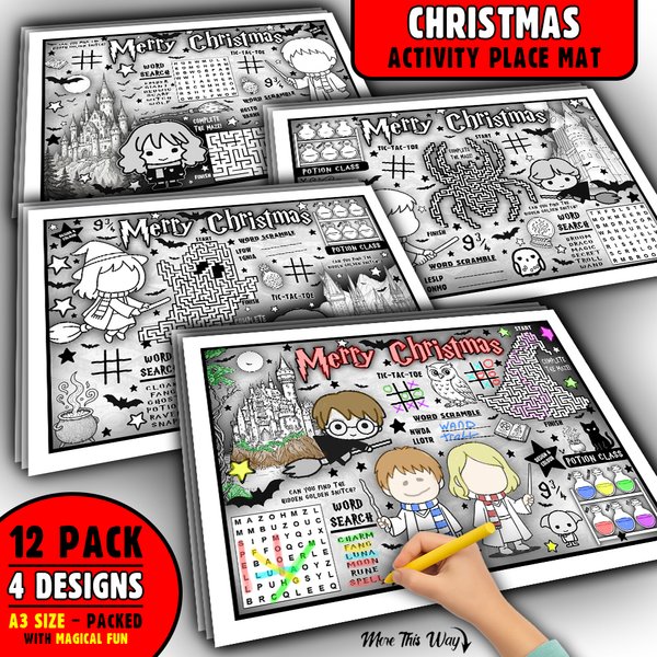 Harry Potter Christmas Activity Placemats – 12 Pack Kids A3 Sheets – 4 Designs