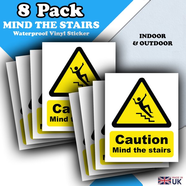 Caution Mind the Stairs Sticker Signs - 8 Pack - Waterproof Vinyl Safety Decals - 90mm × 110mm