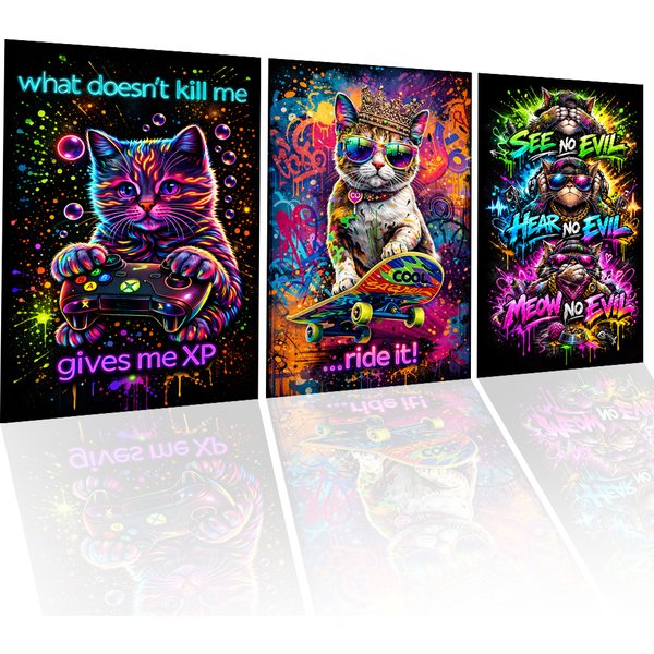 Funny Gamer Cat Poster Set – A3 High Gloss Wall Art – 3 Pack Gaming Bedroom Decor