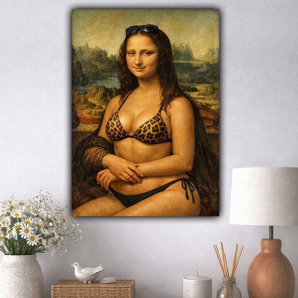 Funny Bikini Mona Lisa Poster - A3 Novelty Wall Art - Modern Mona Lisa Parody - Humorous Home & Bar Decor