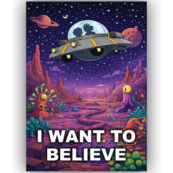 Rick and Morty Parody Poster - I Want To Believe Poster A3 - Space UFO Sci-Fi Print - Unframed