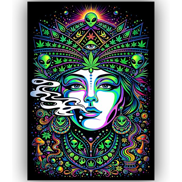 TRIPPY WEED POSTER MARIJUANA PSYCHEDELIC WALL ART A3 – ALIEN GODDESS CANNABIS PRINT STONER ROOM DECOR