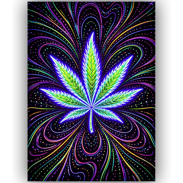 TRIPPY WEED LEAF POSTER MARIJUANA PSYCHEDELIC WALL ART A3 – NEON CANNABIS STONER ROOM DECOR