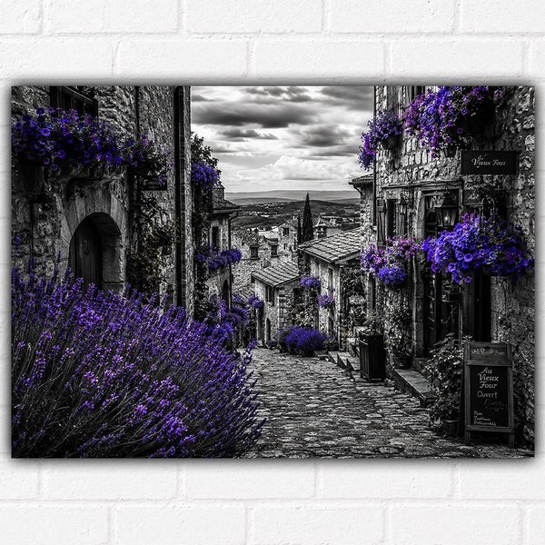 Lavender Village Street Poster A3 – Purple Floral European Alley Wall Art Print – Rustic Countryside Decor