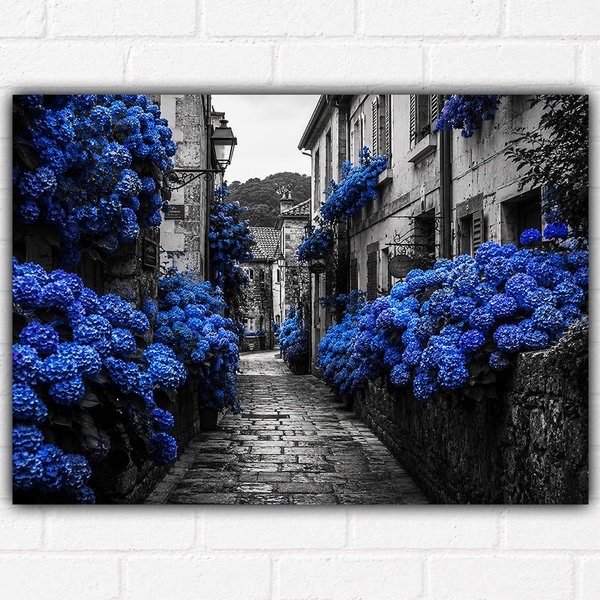 Blue Hydrangea Alley Poster A3 – Romantic European Street Wall Art Print – Monochrome & Blue Floral Decor