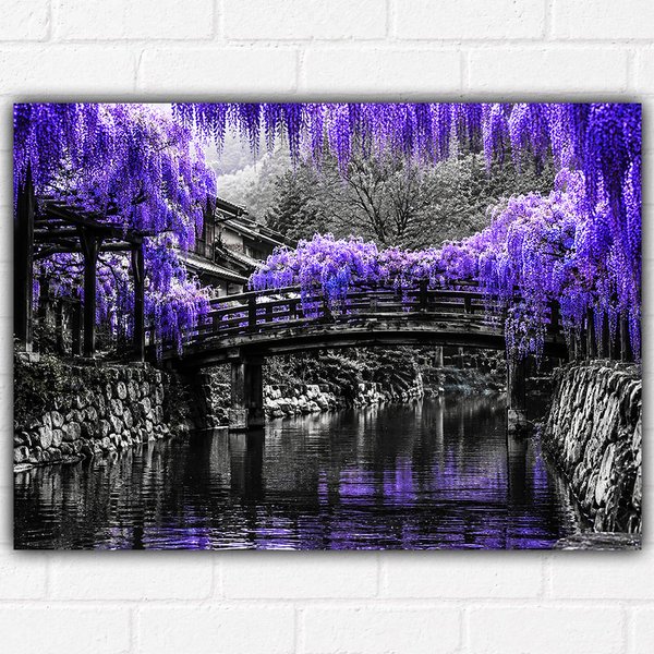 Purple Wisteria Bridge Poster A3 – Japanese Garden Canal Wall Art Print – Monochrome & Purple Floral Landscape Decor