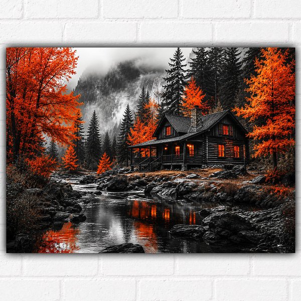 Autumn Forest Cabin Poster A3 – Orange Glow Mountain Cabin Wall Art Print – Monochrome Nature Landscape Decor